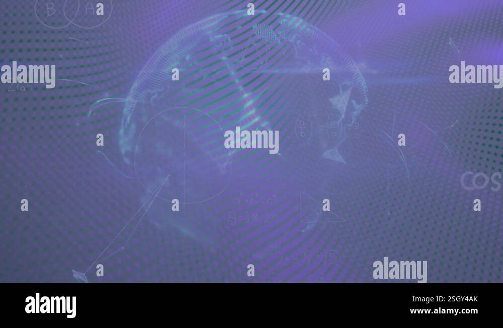 Animation of shapes, globe and math formulas in purple space Stock ...