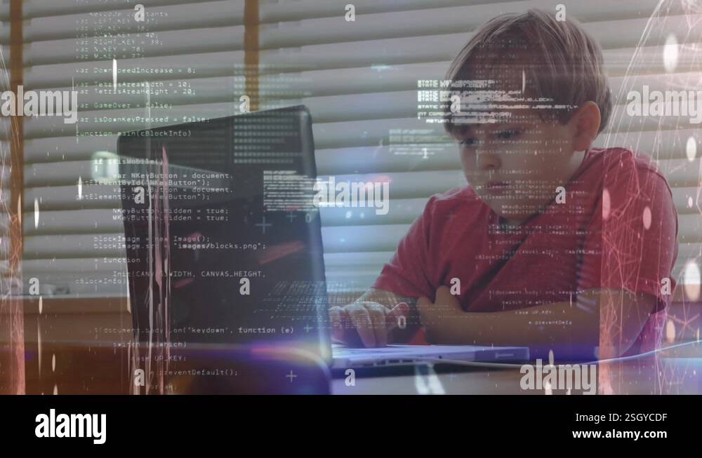 Animation of binary codes, computer language, lens flares over ...