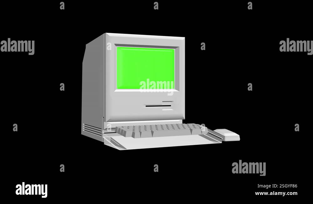 Retro pc with chroma key green screen, old computer isolated on black ...
