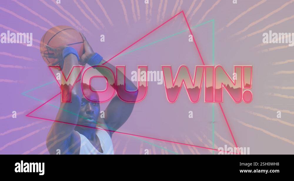 Animation of you win text over neon pattern and african american ...