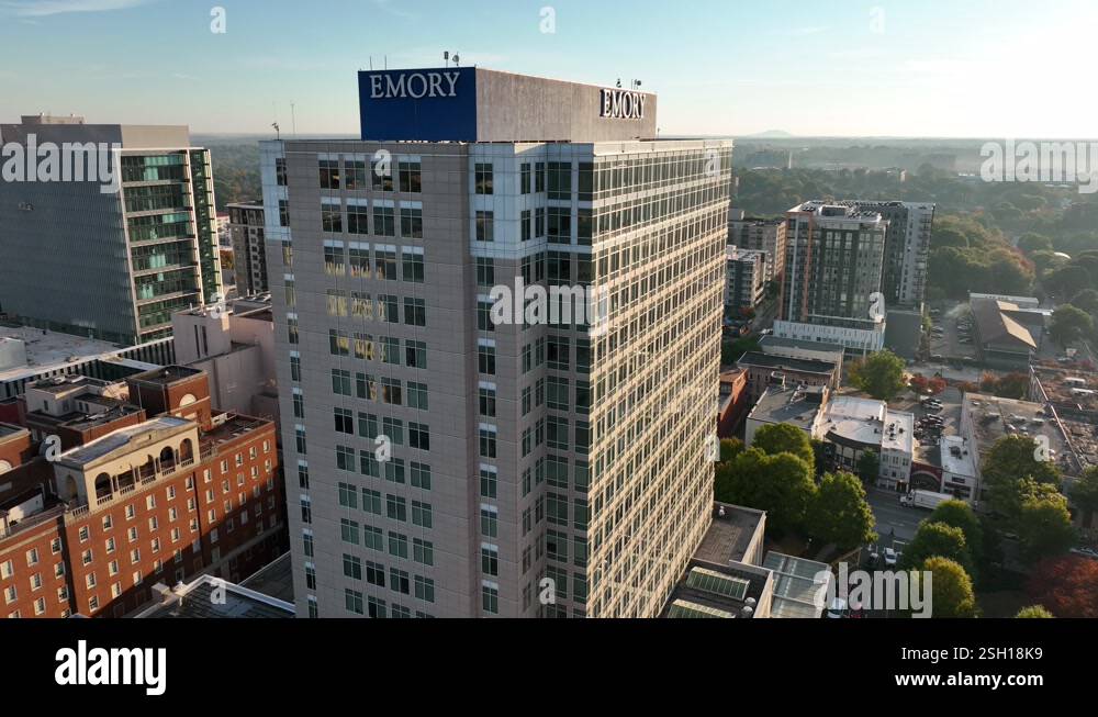 Emory University college campus in USA. Aerial orbit of academic ...