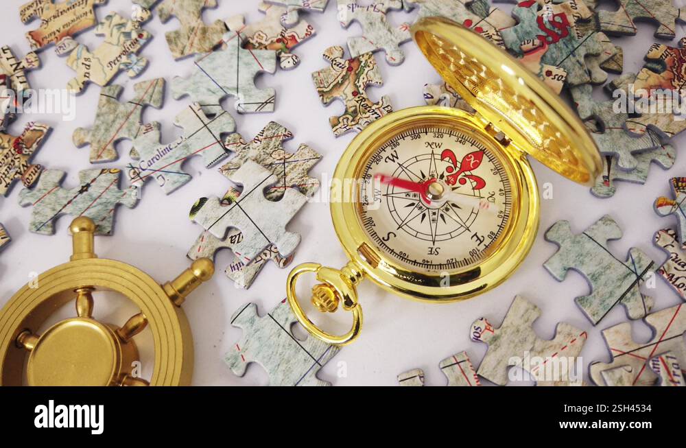 Golden compass pointing for directions and a rudder wheel turned left ...