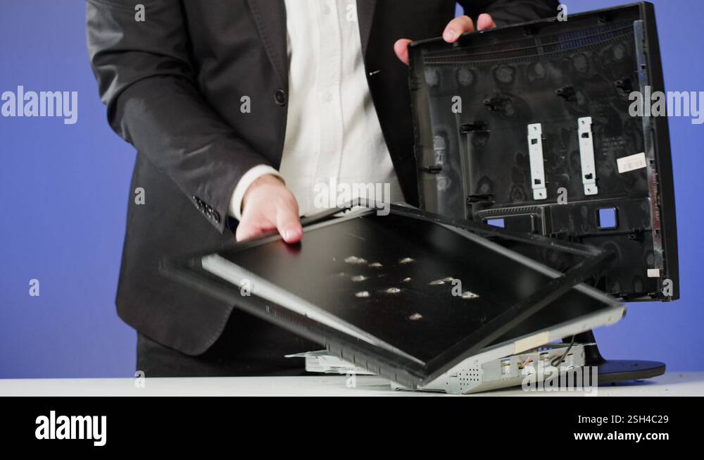 Computer failure, error, stress at work concept. Mad aggressive ...