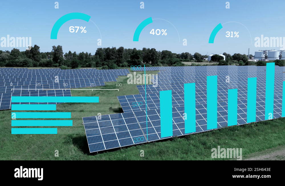 Solar panel farming aerial - motion graphic with charts graphs and ...