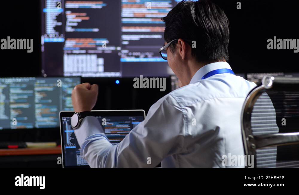 Close Up Back View Of Asian Male Programmer Celebrating Succeed Writing ...