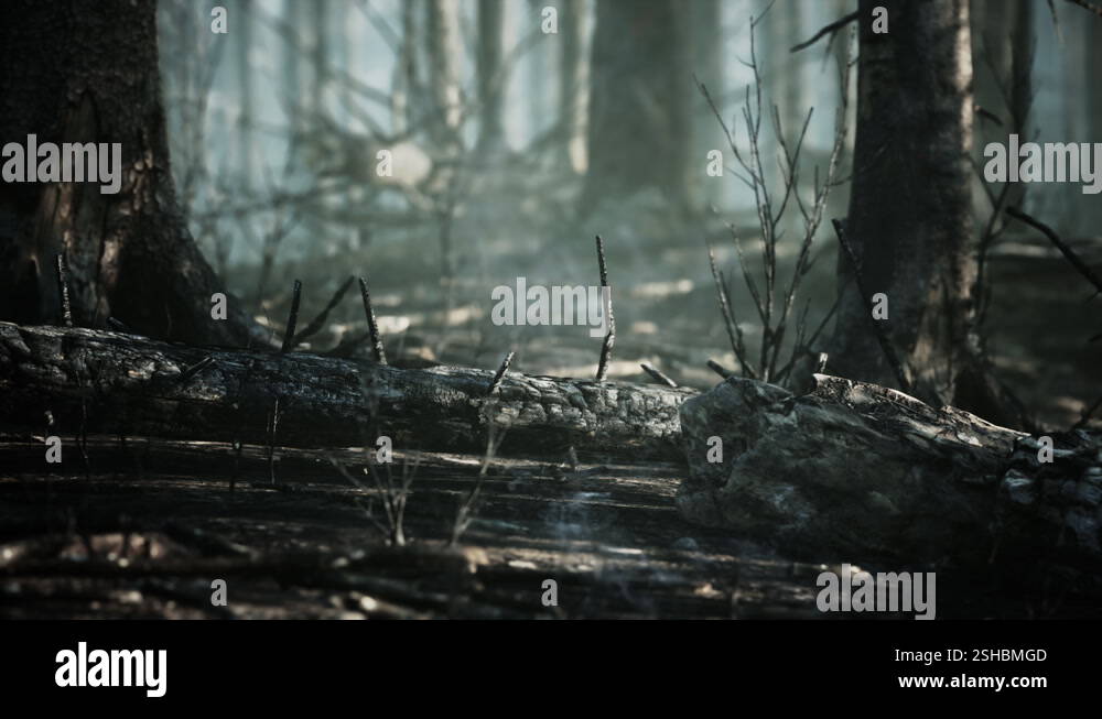 Forest fire and fallen tree is burned to the ground with a lot of smoke ...