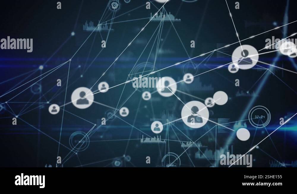 Animation of network of profile icons and data processing against light ...