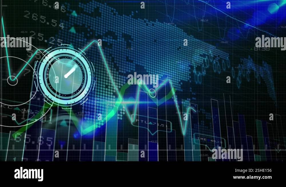 Animation of clock moving and data processing over stock market and ...