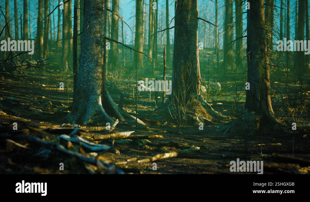 Forest fire and fallen tree is burned to the ground with a lot of smoke ...