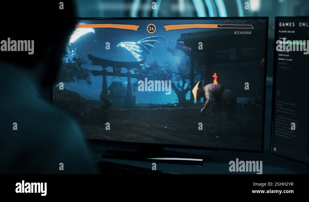 Gaming streamer broadcasting the computer fighting simulator tournament ...