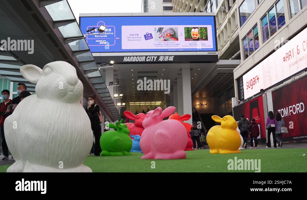 Harbor City in Hong Kong on the year of the rabbit, colors sculptures ...