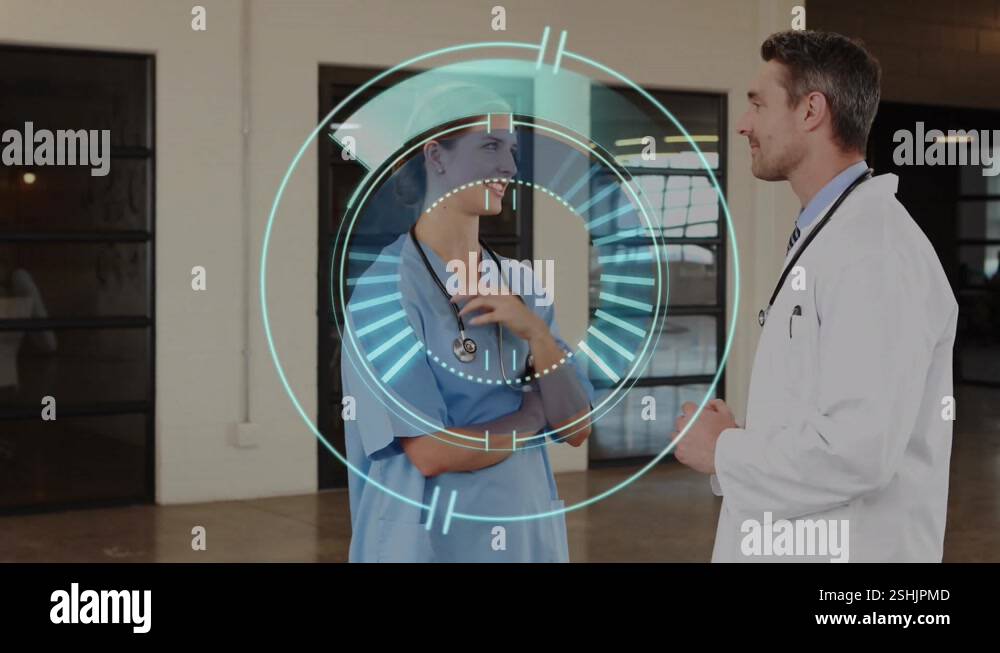Animation of neon round scanner over caucasian male and female doctor ...
