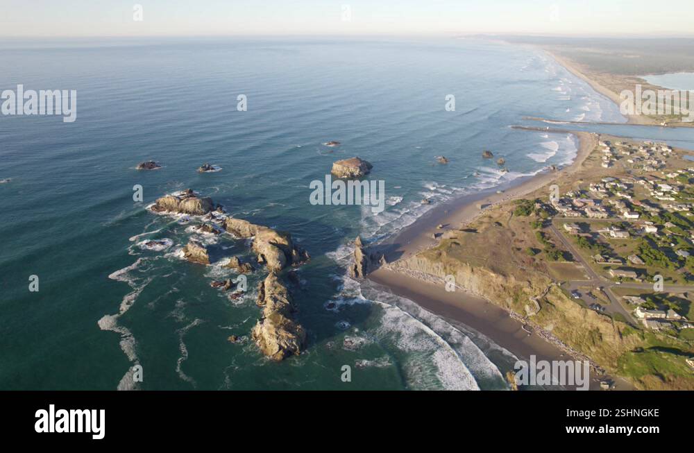 4K aerial drone shot overlooking rocks in Bandon, Oregon beach Stock ...