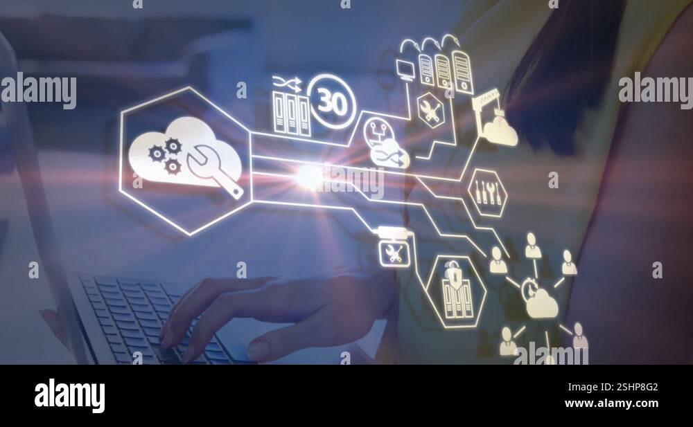 Animation of multiple application icons forming flow chart over ...