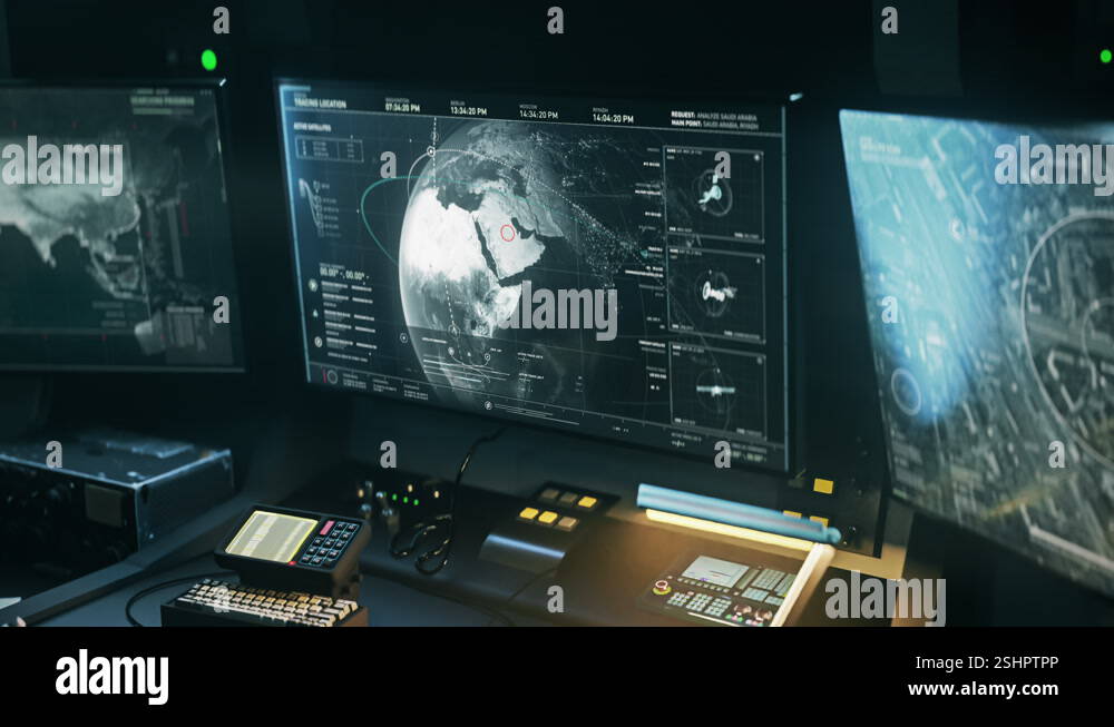Spy satellite location tracking network control system examines earth ...