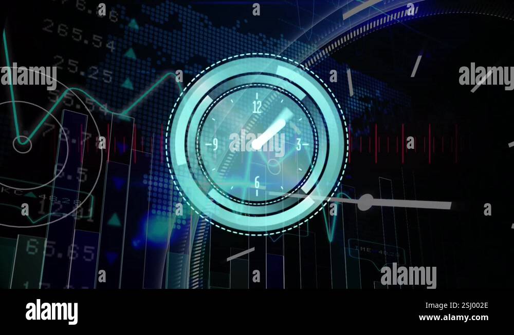 Animation of clock and stock market over data processing and world map ...