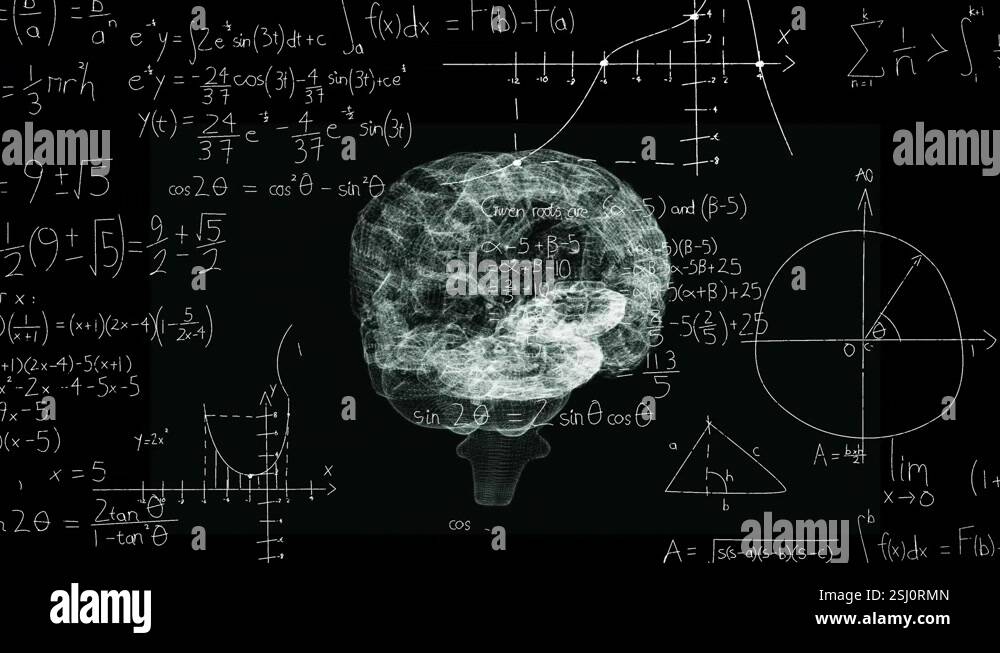 Animation of mathematical equations over spinning human brain icon ...