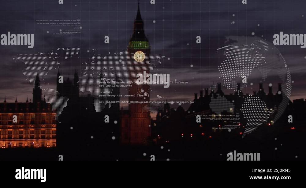 Animation of world map, spinning globe and data processing against view ...