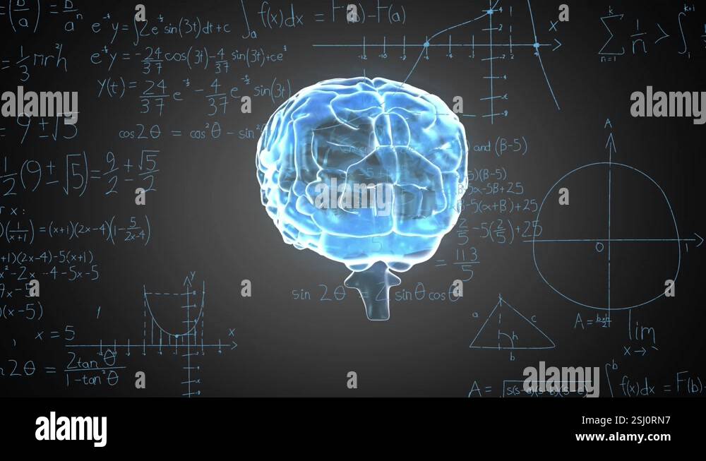 Animation of mathematical equations over spinning human brain icon ...