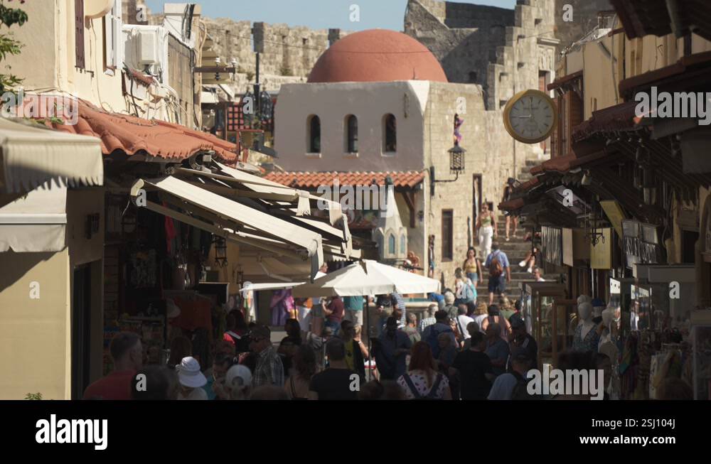 Shops on busy Socratous, City of Rhodes, Rhodes, Dodecanese Islands ...
