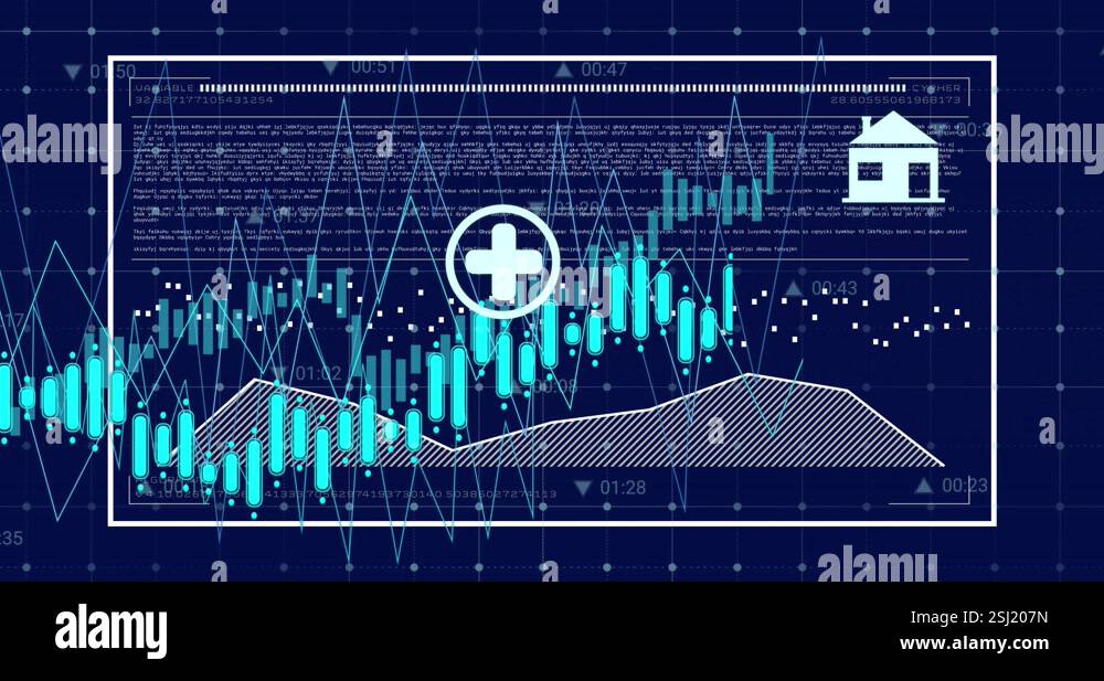Animation of graphs, loading bar, data over multiple icons against blue ...