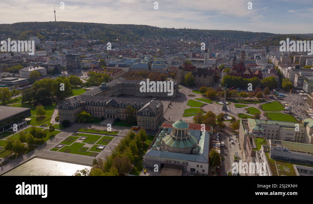 stuttgart famous central park square aerial panorama 4k timelapse ...