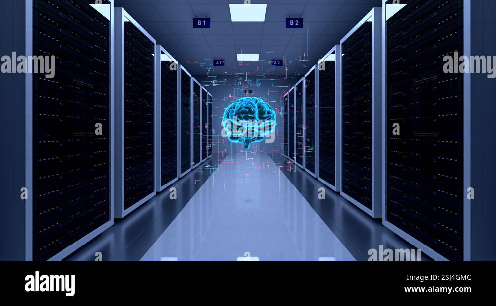 Network Server Racks In a Modern Data Center. AI Brain Analyzing Stock ...