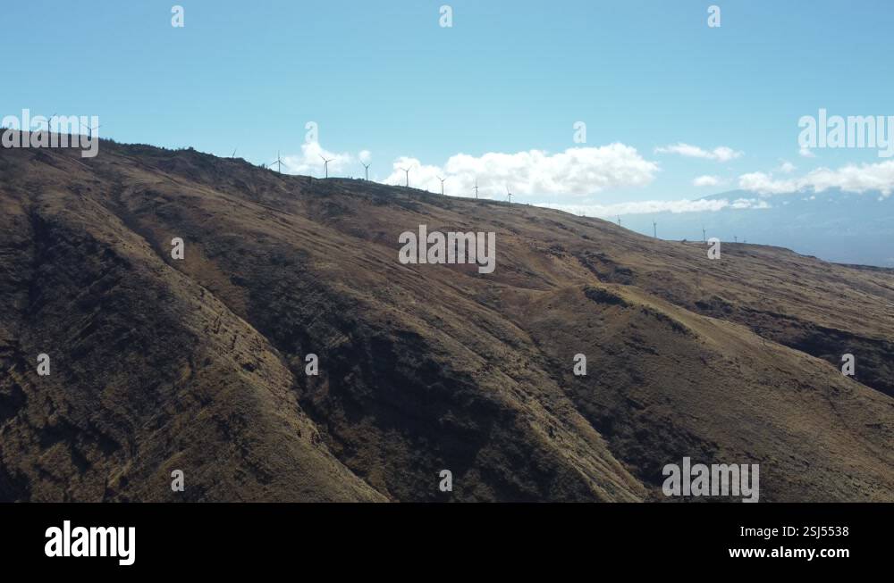 Scenic 4K Slow Zoom into Hawaiian Mountain Ridge with Wind Turbines ...