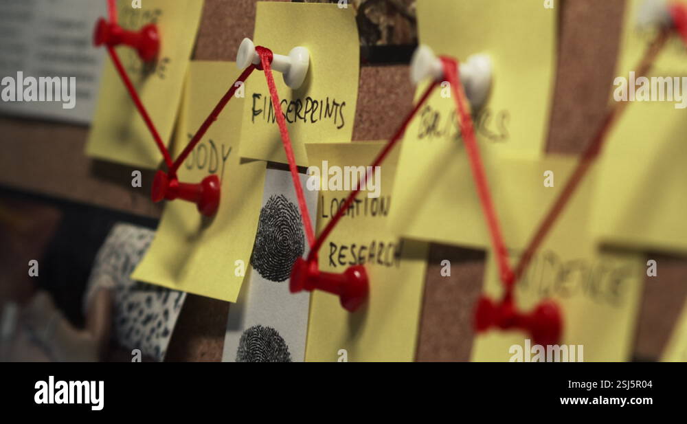 Shot revealing handwritten stickies connected by red string on an ...