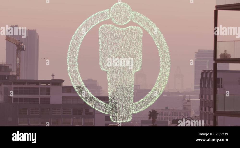 Animation of dots forming male restroom icon in circle over modern ...