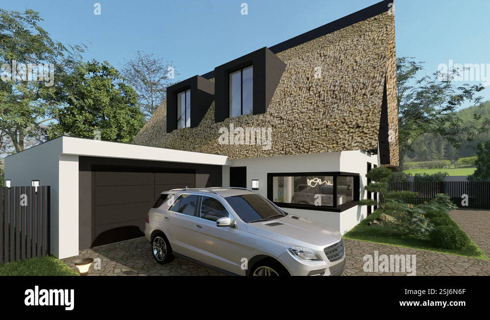 Modern house with reed roof, thatched roof. 3D video render Stock Video ...