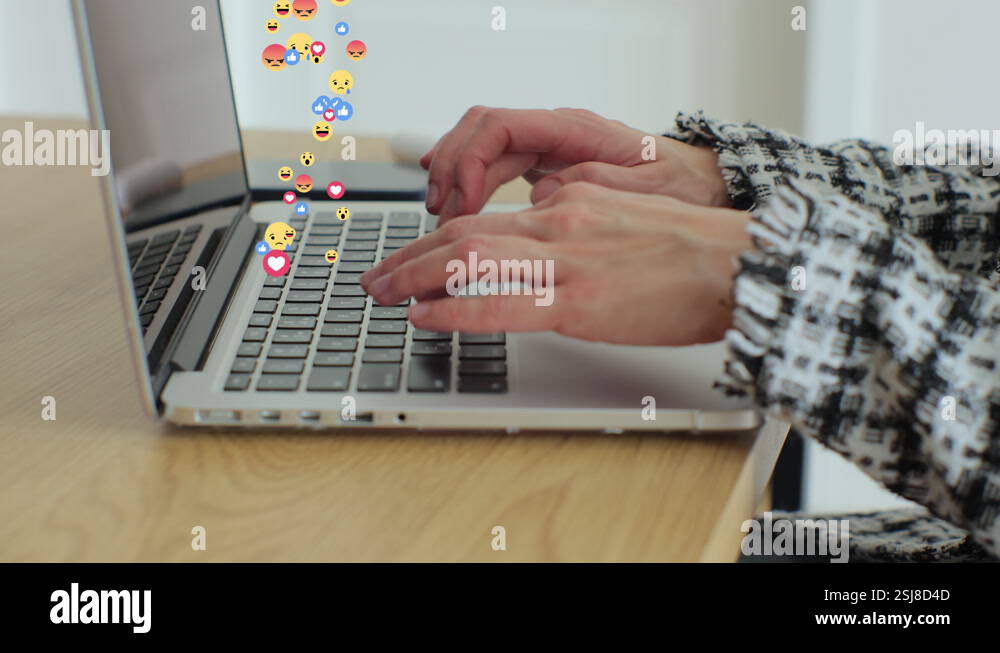Woman uses laptop computer, types chat messages. 3D emoji, meme icons ...