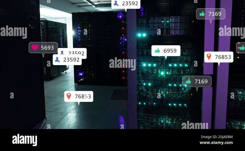 Animation of social media icons and data processing over computer ...