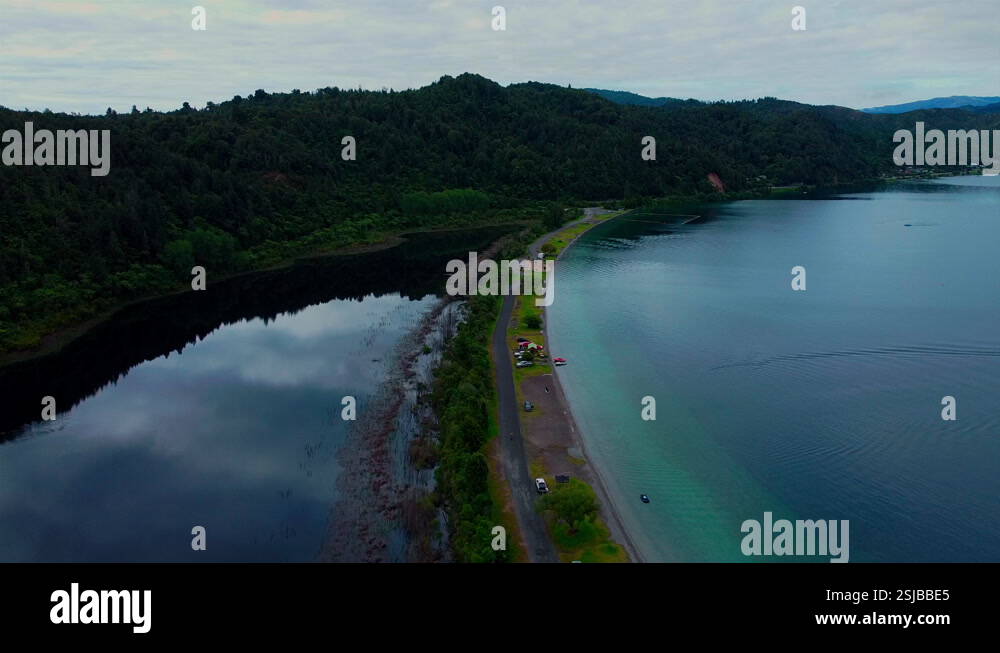 Rotoma Lake on one side of the road and pond on the other side, Lake Rotoma ...