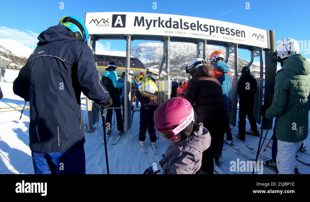 Long waiting line for skiers to enter the ski lift in Myrkdalen Norway ...