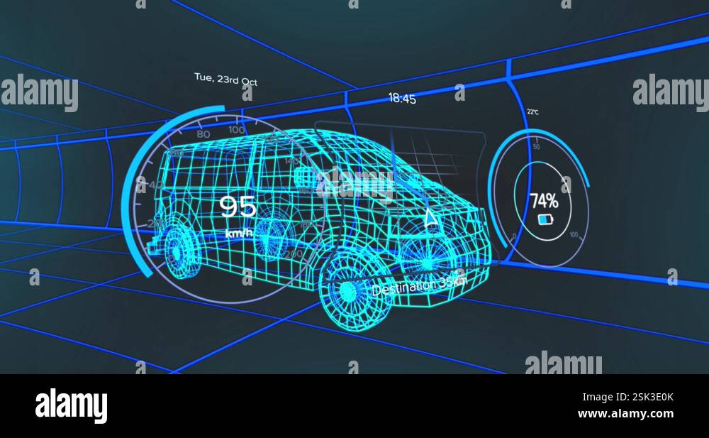 Animation of speedometer with changing numbers over 3d model of van ...