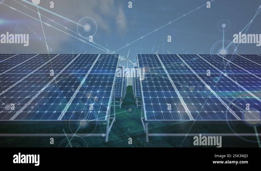 Animation of dots connected with lines over solar panels and windmills ...