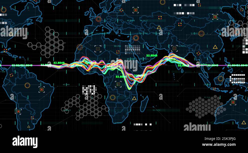 Animation of multiple graphs and numbers over map, geometric shape ...