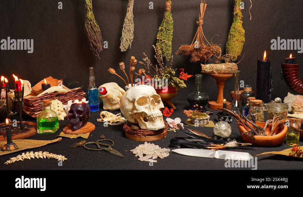 Witchcraft ritual ceremony. Alchemy and esoteric symbol items for magic ...