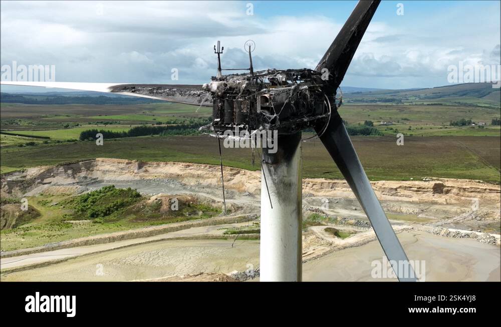 Drone Captures Wind Turbine Damaged By Fire In Busy Quarry Stock Video ...