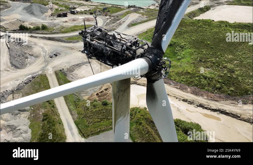 Drone Captures Wind Turbine Damaged By Fire In Busy Quarry Stock Video ...