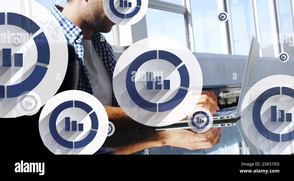 Animation Of Graph Icon In Circles Over Latino Man Typing On Keyboard