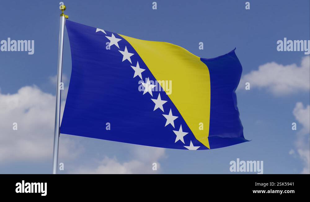 The Flag Of Bosnia And Herzegovina Moving In The Wind With A Clear Blue ...