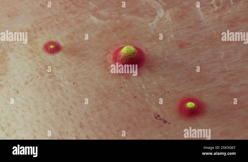 Exploding Pustules Pimples Emerging Visible Yellow Tips on Growing Pustules, Acne. Camera ...