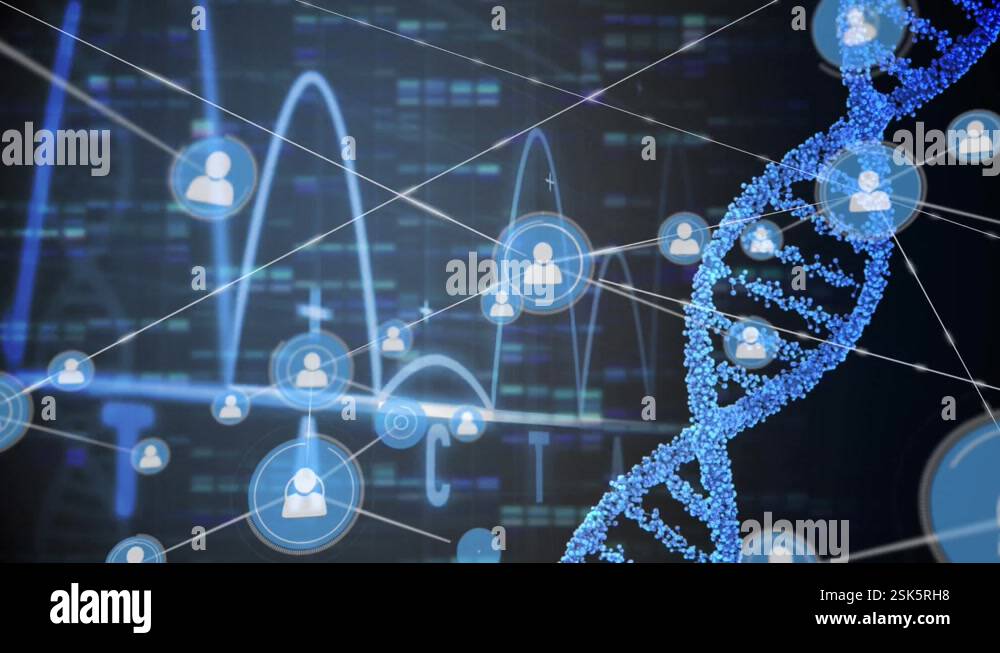 Animation of network of profile icons, heart rate monitor and dna ...