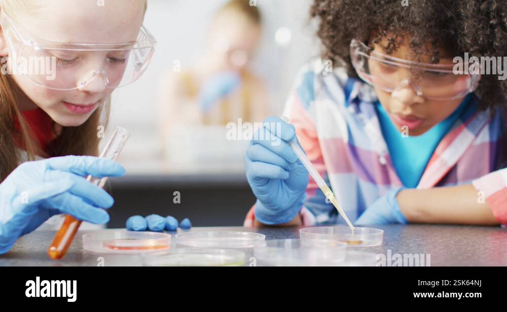 Diverse happy schoolchildren having science class in school lab Stock ...