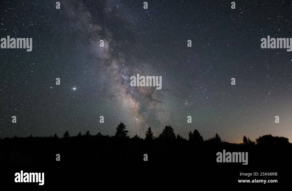 Stars and milky way galaxy moving across the night sky over a pine ...
