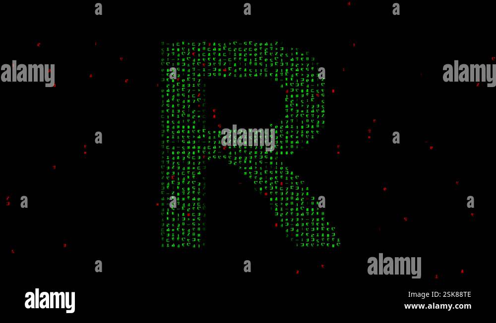English alphabet R with matrix code on plain black background Stock ...