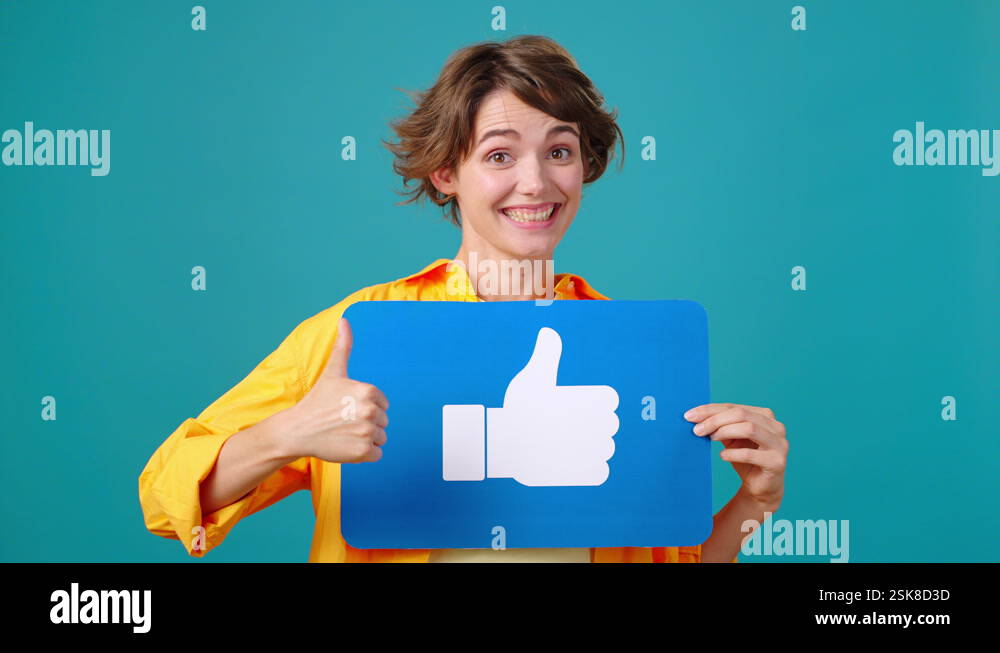 Positive female user likes post showing thumb-up symbol sign Stock ...