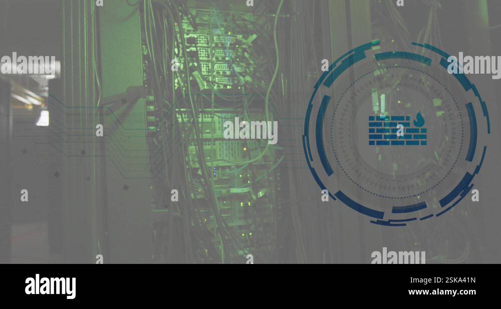 Animation of firewall icon over round scanner against computer server ...